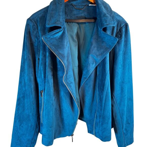 Chico’s Blue Moto Jacket Size 3 (US 16/18) Faux Suede Full Zip Zipper Sleeves - Picture 3 of 5